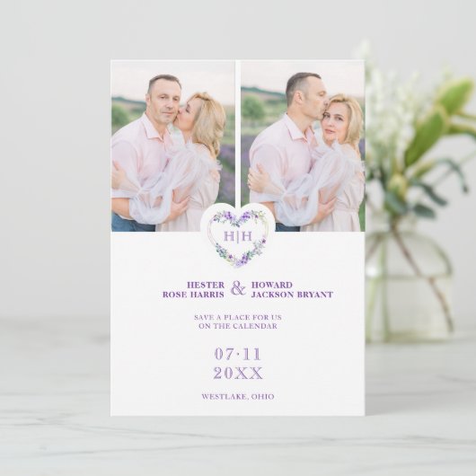Save The Date Initiales Floral Purple Heart 2 Photos sur Blanc (Debout devant)