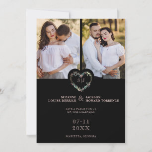 Save The Date Initiales Floral Rose Heart 2 Photos sur Black