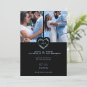 Save The Date Initials Floral Blue Heart 2 Photos on Black (Debout devant)