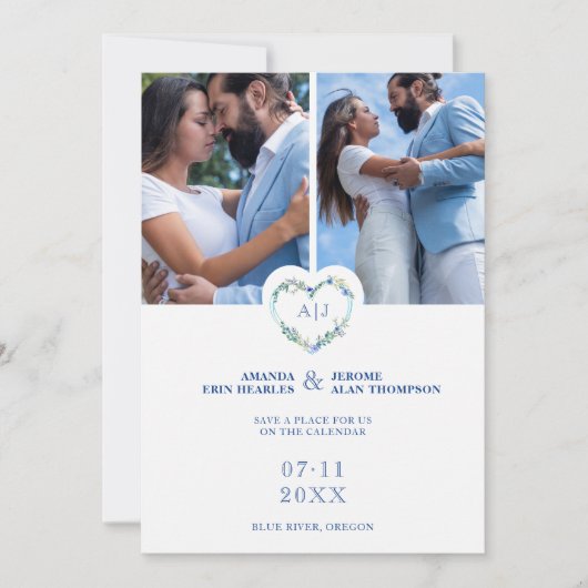 Save The Date Initials Floral Blue Heart 2 Photos on White (Devant)
