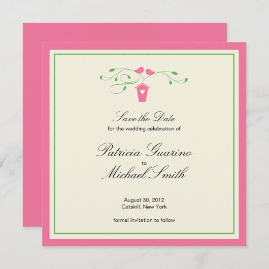Save The Date Inséparables roses et verts | Enregistrer La Date (Devant / Derrière)
