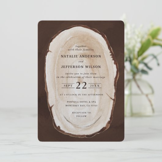 Save The Date Invite de mariage en tranches de bois rustique (Debout devant)