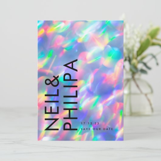 Save The Date Iridescente Ultra Modern Bold Noms non photo (Debout devant)