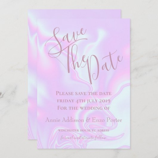 Save The Date Iridescente unicorne peau fausse texture holograph (Devant / Derrière)