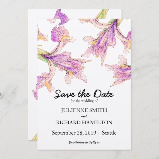 Save The Date Iris Floral Modern Botanical Wedding Enregistrer l (Devant / Derrière)