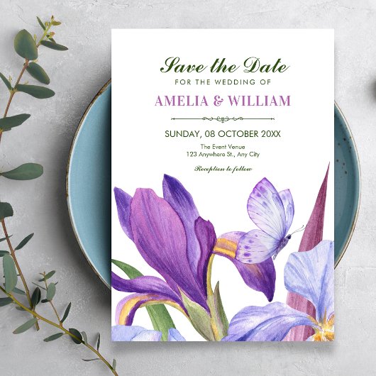 Save The Date Iris pourpre floraison aquarelle