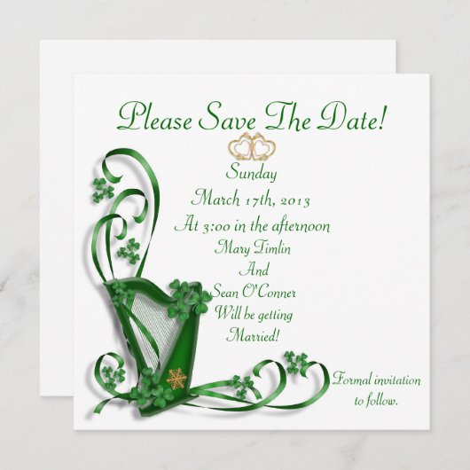 Save The Date Irlandais Enregistrer la date pour Mariage, Harp (Devant / Derrière)