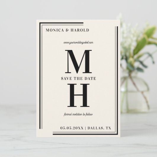 Save The Date Ivory & Black Gros Gras Monogramme Élégant (Debout devant)