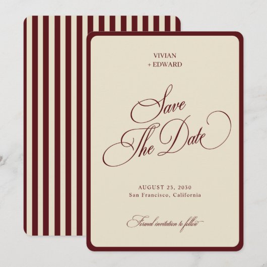 Save The Date Ivory & Burgundy Rayures Bordure Mariage Rétro (Devant / Derrière)