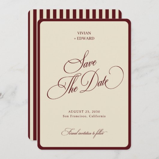 Save The Date Ivory & Burgundy Stripes Border Retro Wedding (Devant / Derrière)
