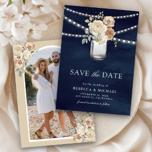 Save The Date Ivory Floral Mason Jar Photo Marine Blue Mariage