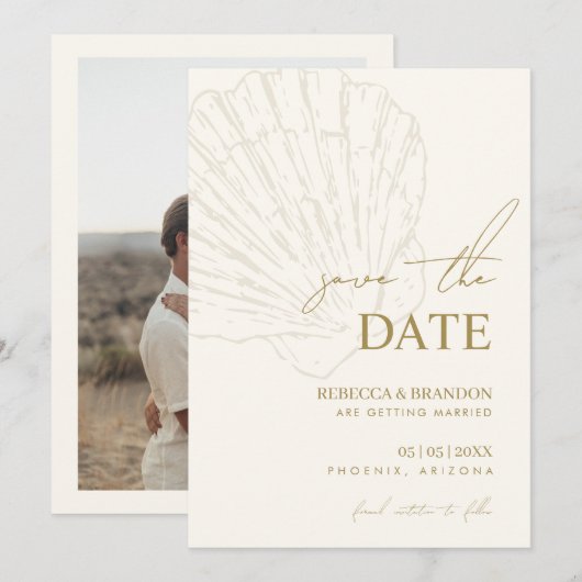 Save The Date Ivory & Gold Hand Drawn Coastal Seashell Wedding (Devant / Derrière)