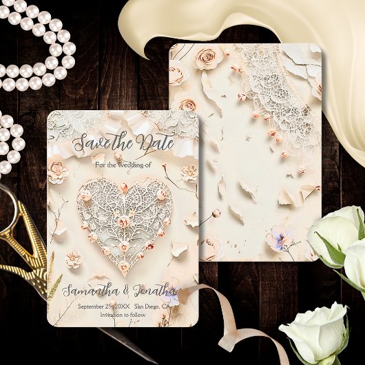 Save The Date Ivory Lace Heart Floral Romantic Spring Softly
