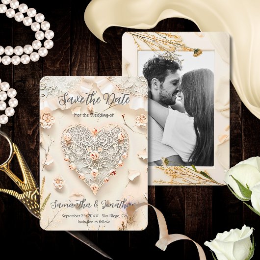 Save The Date Ivory Lace Heart Photo Floral Romantic Spring