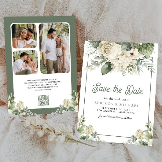 Save The Date Ivory Sage Vert Floral Code QR Photo Mariage