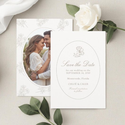 Save The Date Ivory & Sand | Chic Floral Couple Script Wedding