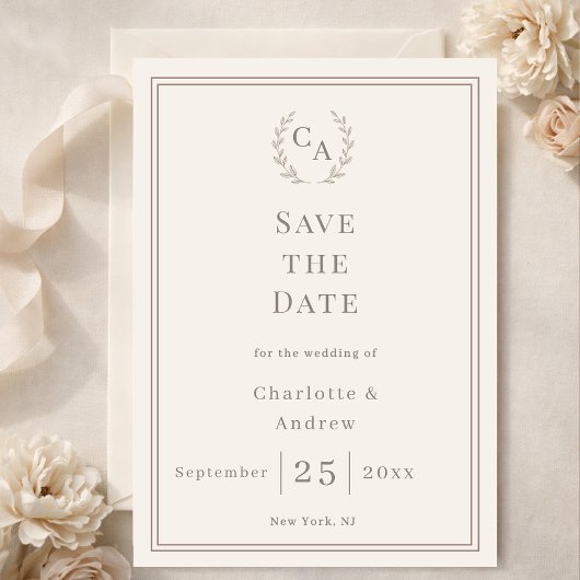 Save The Date Ivory taupe monogram wreath wedding