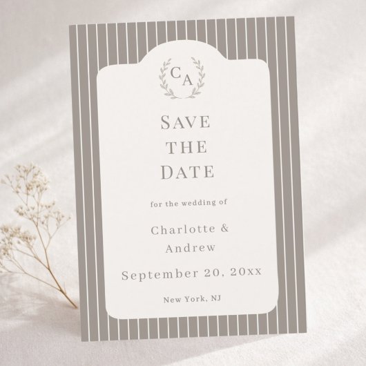 Save The Date Ivory Taupe Neutral Pinstriped Wedding 