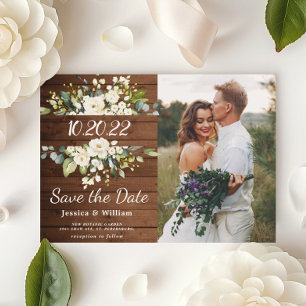 Save The Date Ivory White Rose Greenery Photo Enregistrer la car