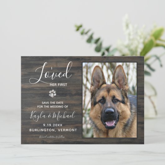 Save The Date J'Aimais Son Premier Chien Rustique Mariage Photo (Debout devant)