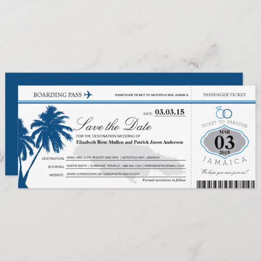 Save The Date Jamaica Boarding Pass Enregistrer la date (Devant / Derrière)
