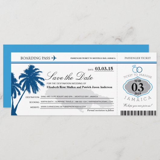 Save The Date Jamaica Boarding Pass Enregistrer la date (Devant / Derrière)
