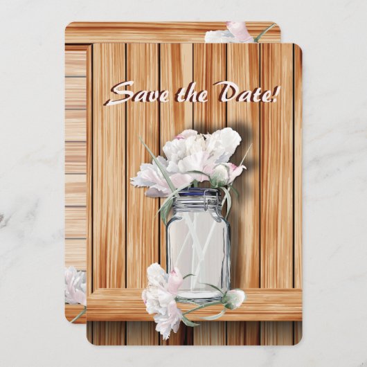 Save The Date Jar de Mason rustique et pivoines roses (Devant / Derrière)