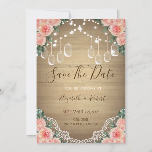 Save The Date Jar Mason Rustique, Dentelle, Floral Enregistrer L (Devant)