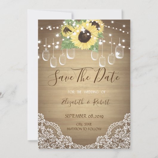 Save The Date Jar Mason Rustique, Tournesol, Dentelle Enregistre (Devant)