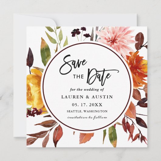 Save The Date Jardin d'automne Mariage Carré d'aquarelle Enregis (Devant)