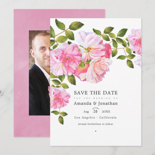 Save The Date Jardin de roses roses mariage photo (Devant / Derrière)