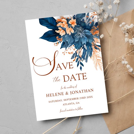Save The Date Jardin Elégant Marine Bleu Orange Floral Mariage