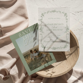 Save The Date Jardin Floral Vert Sauge Argent Ancien Photo Maria