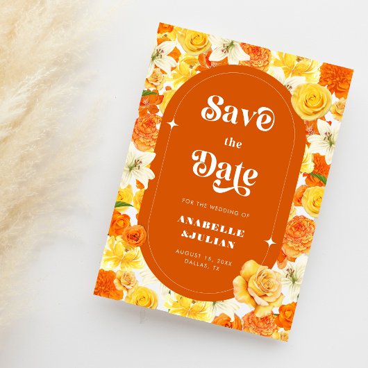 Save The Date Jardin Jaune Orange Lumineux Retro Mariage Floral