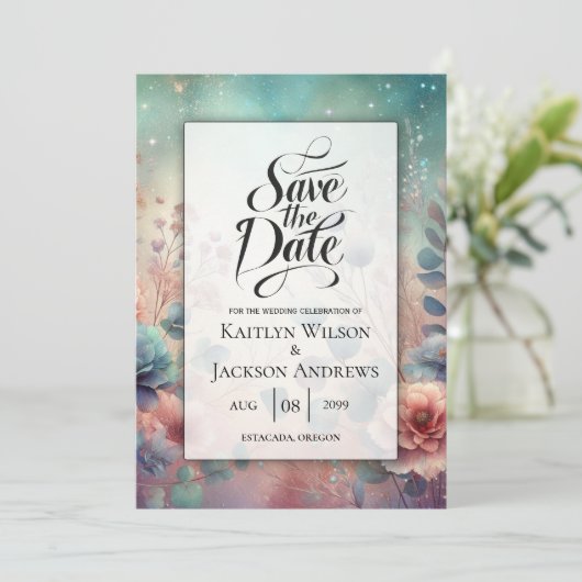 Save The Date Jardin secret en soirée Mariage lumineux (Debout devant)