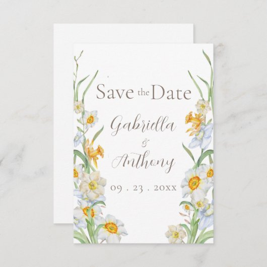 Save The Date Jaune blanche et jaune Brown florale Script (Devant / Derrière)
