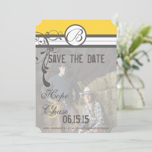 Save The Date Jaune & Gris Fanky Gris Mariage Enregistrer la dat (Debout devant)