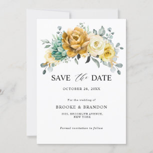 Save The Date Jaune Moutarde Floral Sage Verdure Mariage Moderne