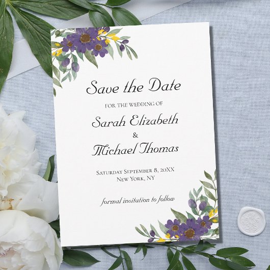 Save The Date Jaune violet Floral QR code Mariage Enregistrer la