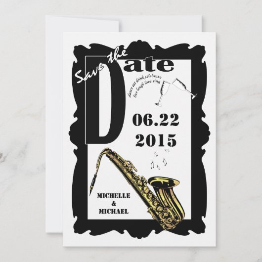 Save The Date Jazz de style rétro Enregistrer la date Noir Blanc (Devant)