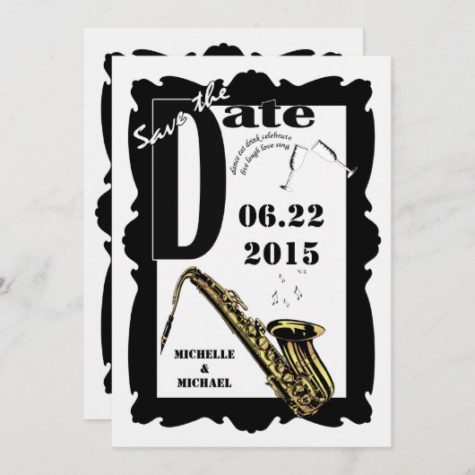Save The Date Jazz de style rétro Enregistrer la date Noir Blanc (Devant / Derrière)