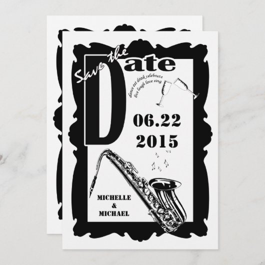 Save The Date Jazz Style Rétro Enregistrer la Date Noir et Blanc (Devant / Derrière)