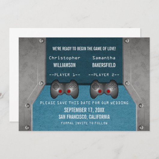 Save The Date Jeu vidéo Enregistrer l'Invitation de date, Bleu (Devant / Derrière)