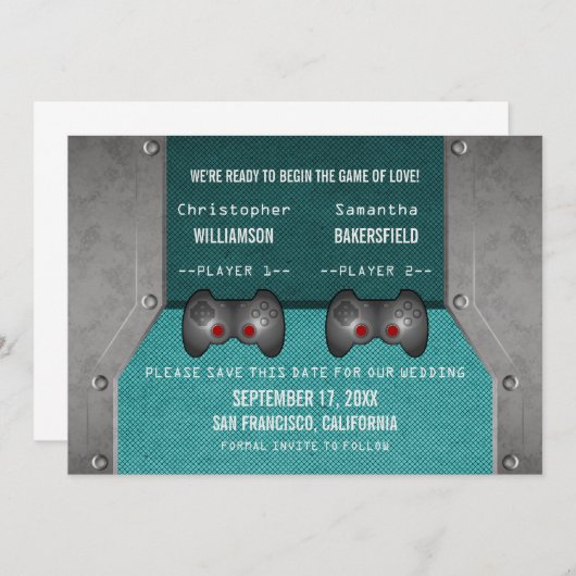 Save The Date Jeu vidéo Enregistrer l'Invitation de date, Turquo (Devant / Derrière)