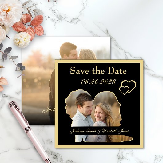 Save The Date Jeunes Mariés à Coeurs Dorés Forme Photo Noces