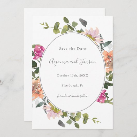 Save The Date Joli cadre fleuri avec Mariage verdoyant (Devant / Derrière)