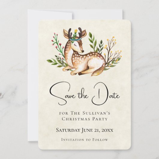 Save The Date Joli Cerf Aquarellé Posé En Bas Boho Rustique (Devant)