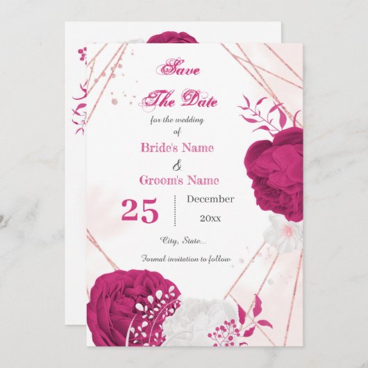 Save The Date joli fuchsia & blanc floral géométrique (Devant / Derrière)