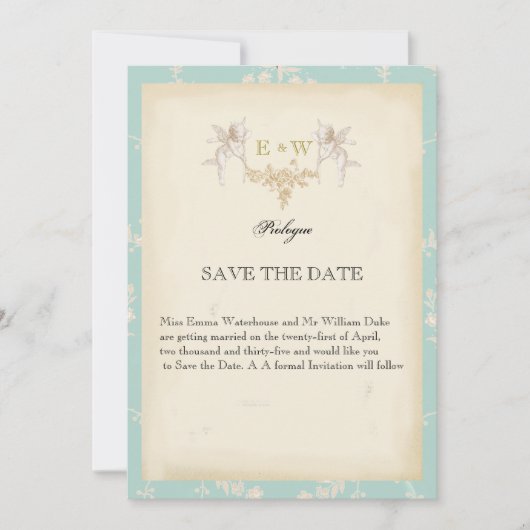 Save The Date Joli livre cherub thème bleu pâle Mariage (Devant)