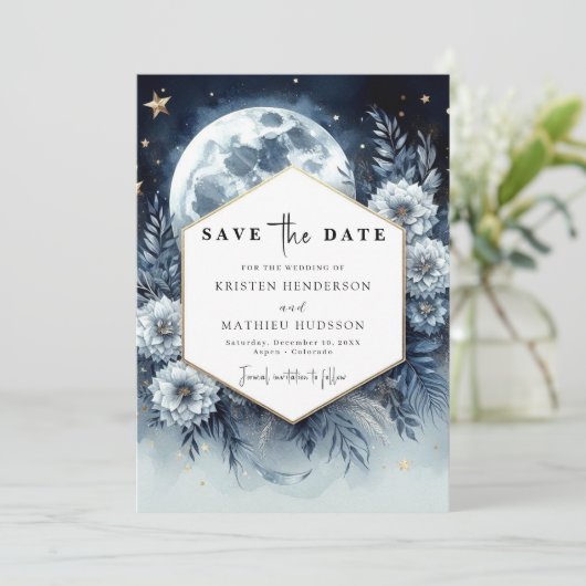 Save The Date Joli Mariage botanique à la Lune (Debout devant)